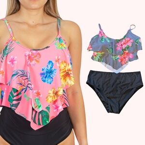 XL NWT* Bikini Set With Layered Ruffled Stripes Floral Top & Highrise Bottoms